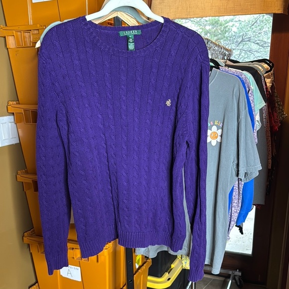 Lauren Ralph Lauren Purple Cable Knit Cotton Crewneck Sweater Size XL - Picture 1 of 6